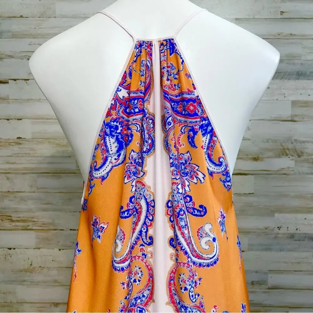 Clover Canyon Halter Scarf Maxi Dress Size S Mustard Gold Blue Sleeveless - Picture 9 of 14